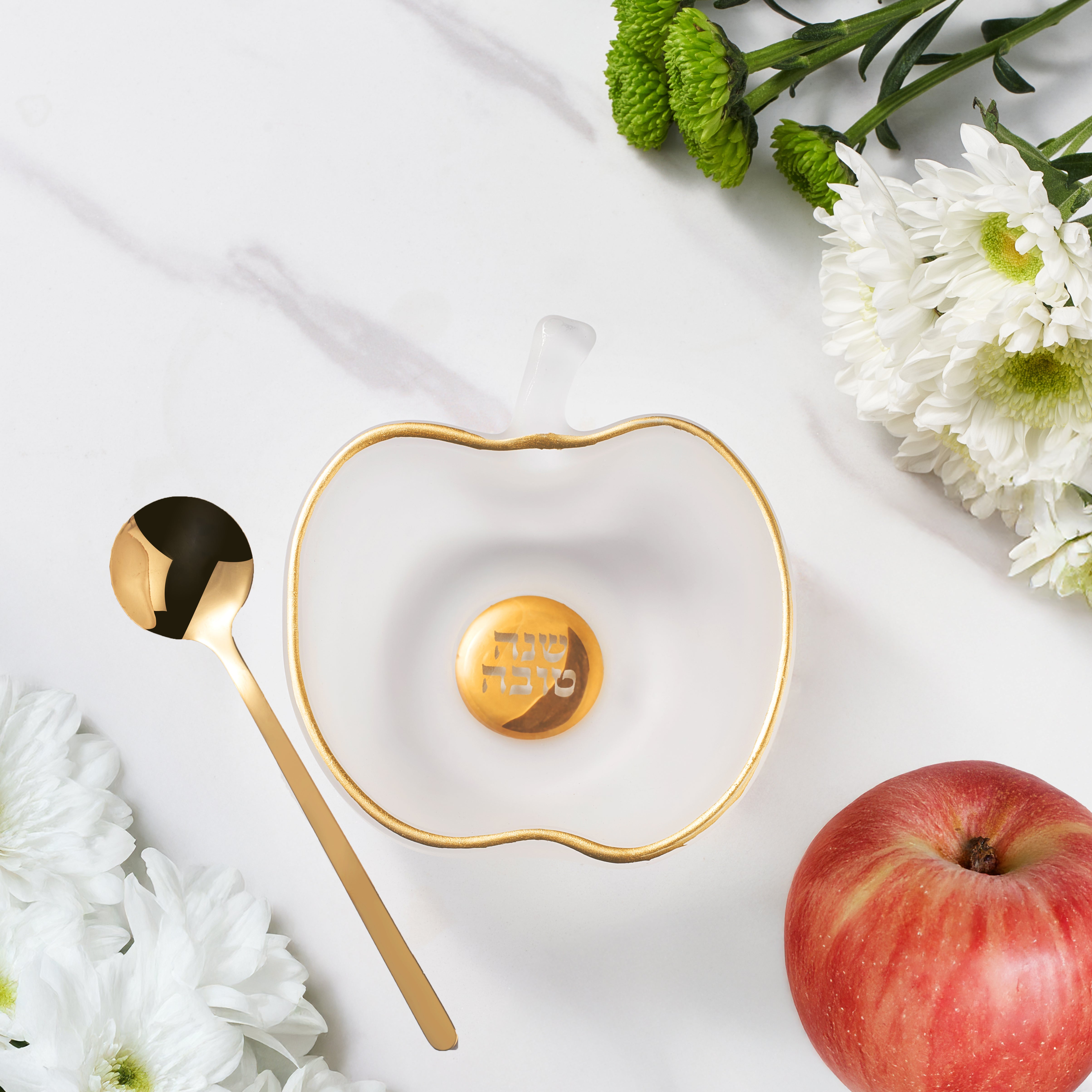 Honey Dish - Frosted Glass with Gold Spoon