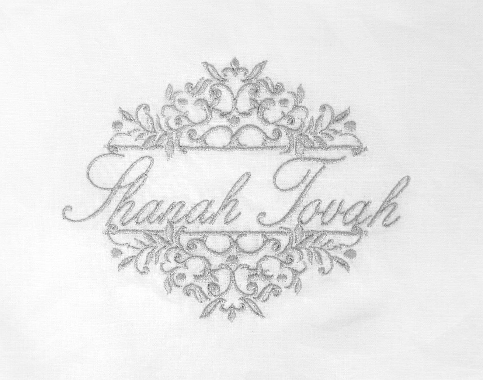 Challah Cover - Shanah Tovah, Silver on Cream Linen, Three Generations
