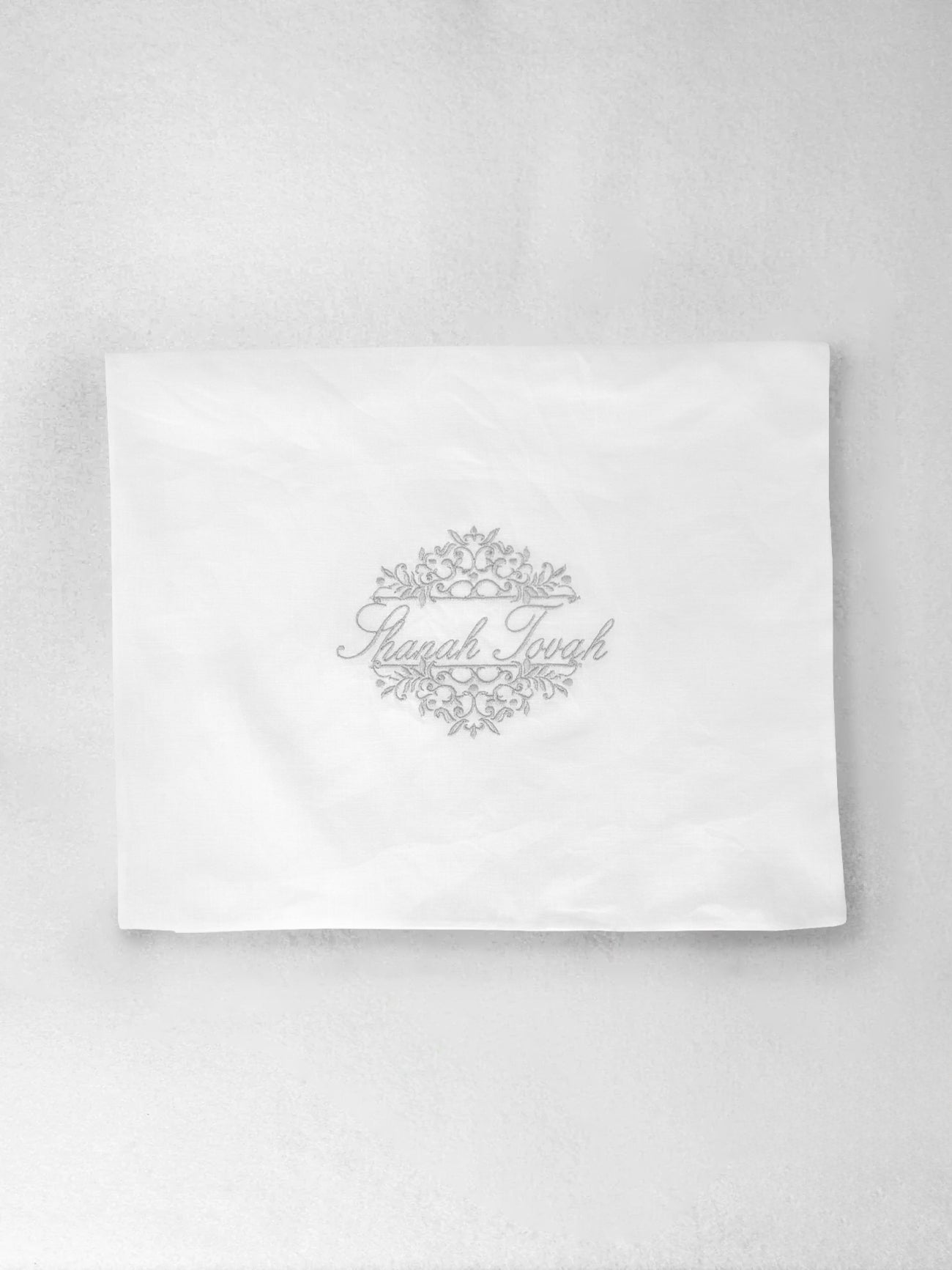 Challah Cover - Shanah Tovah, Silver on Cream Linen, Three Generations
