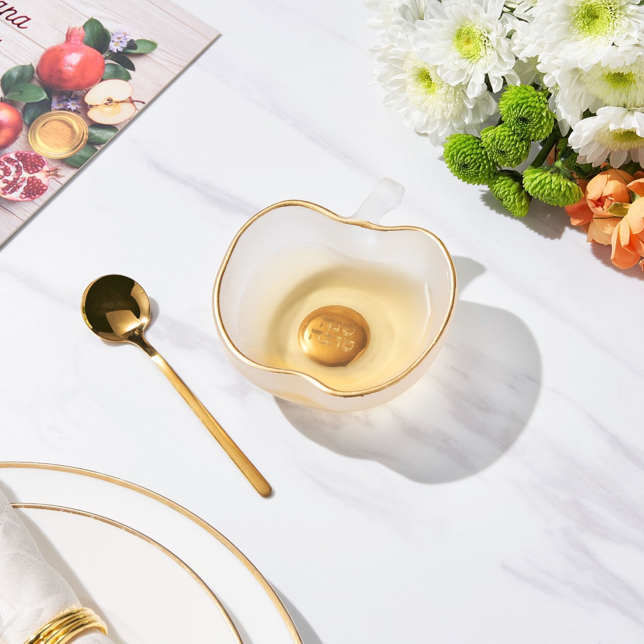 Honey Dish - Frosted Glass with Gold Spoon