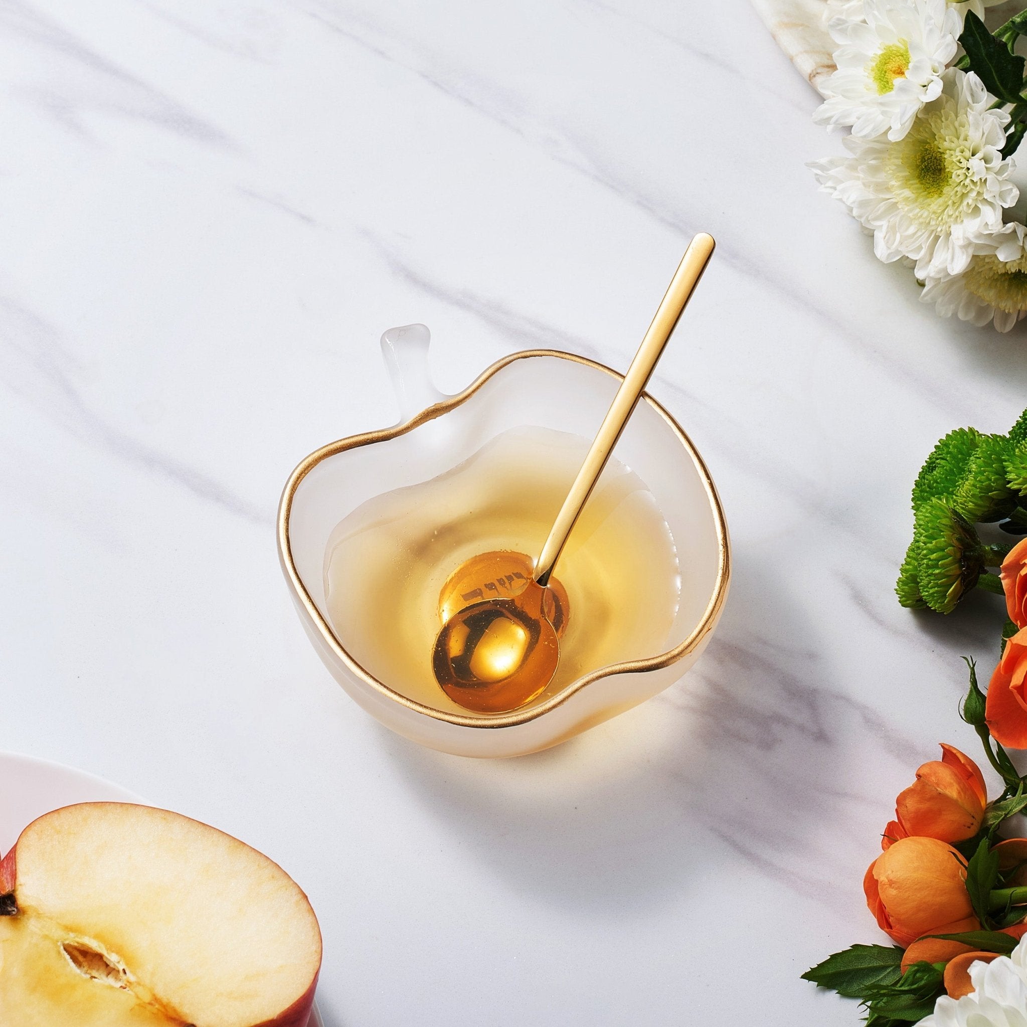 Honey Dish - Frosted Glass with Gold Spoon