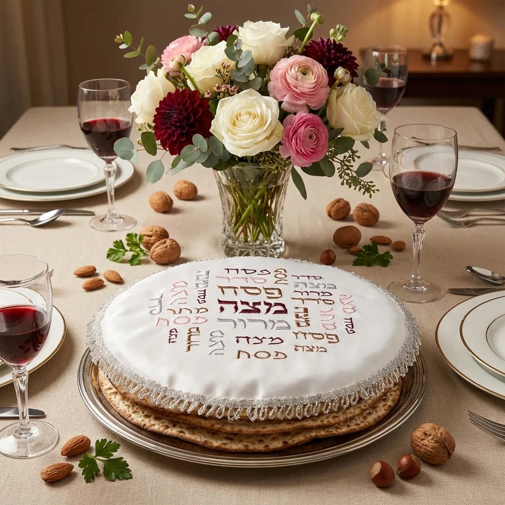 Matzah Cover – White satin, round - embroidered text
