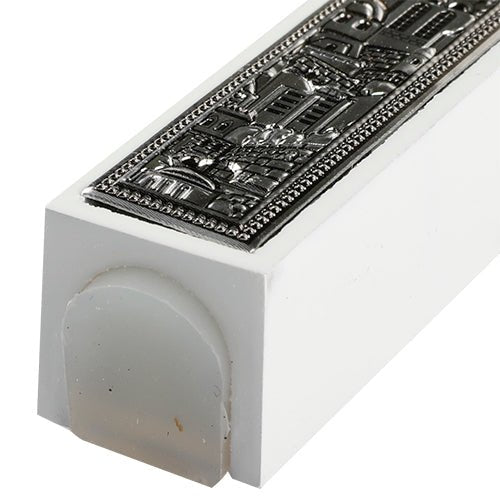 Mezuzah - White Wood with Silvertone Jerusalem Decoration