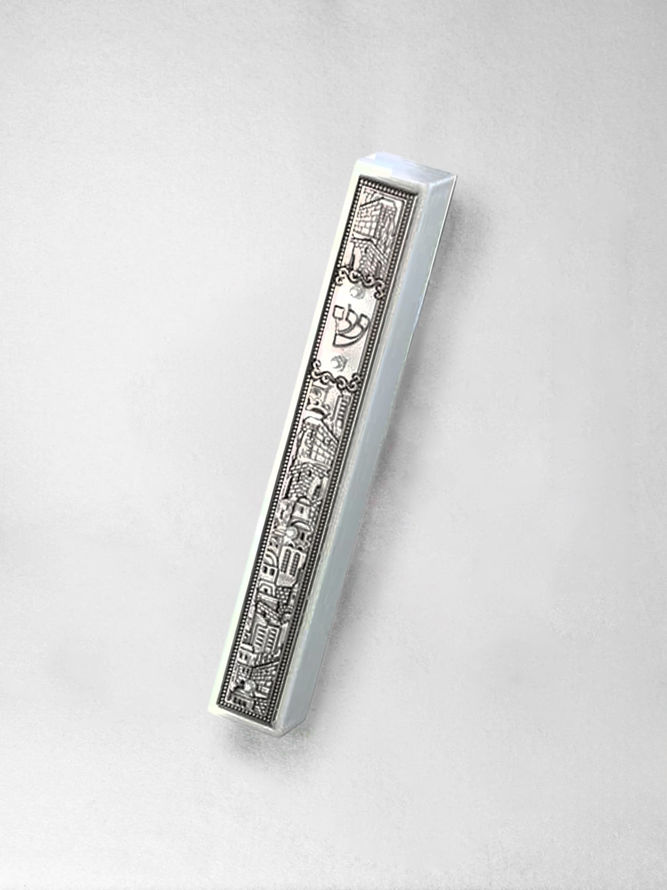 Mezuzah - White Wood with Silvertone Jerusalem Decoration