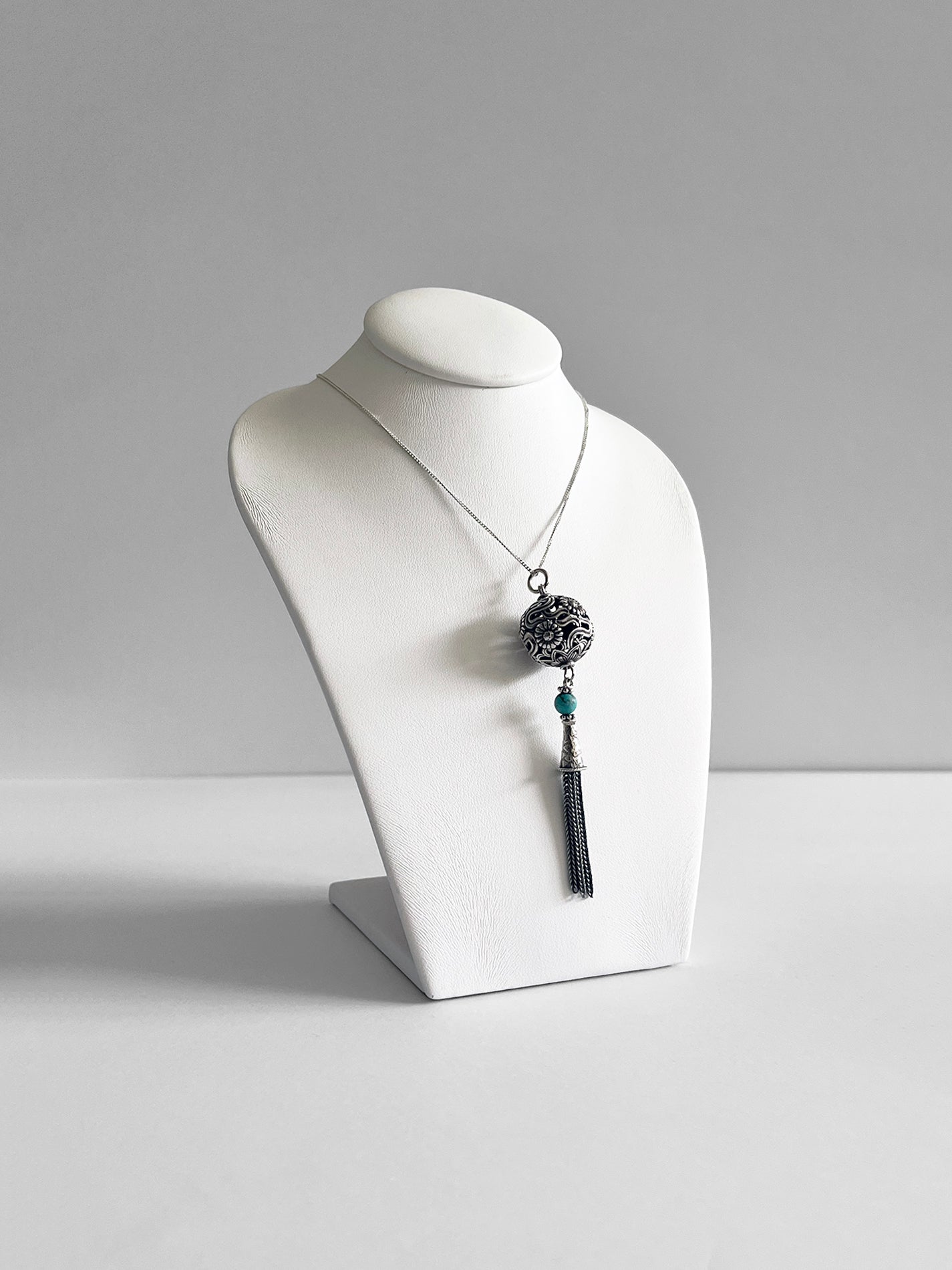 Pendant - Silver Tassel with filigree ball and turquoise