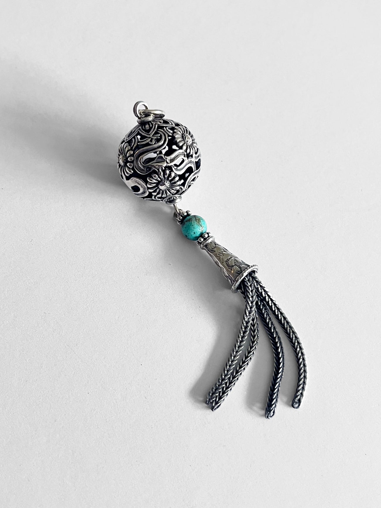 Pendant - Silver Tassel with filigree ball and turquoise