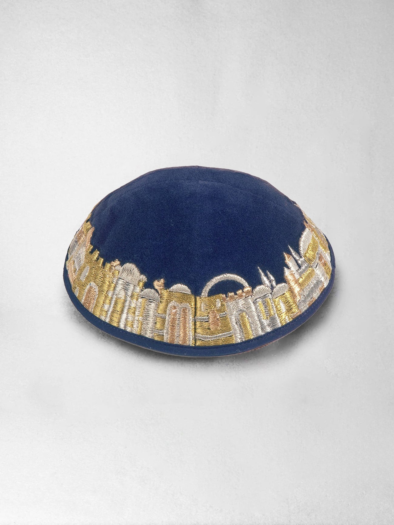 Kippah - Blue - Embroidered Jerusalem on Velvet , Emanuel Design