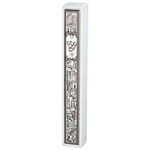 Mezuzah - White Wood with Silvertone Jerusalem Decoration