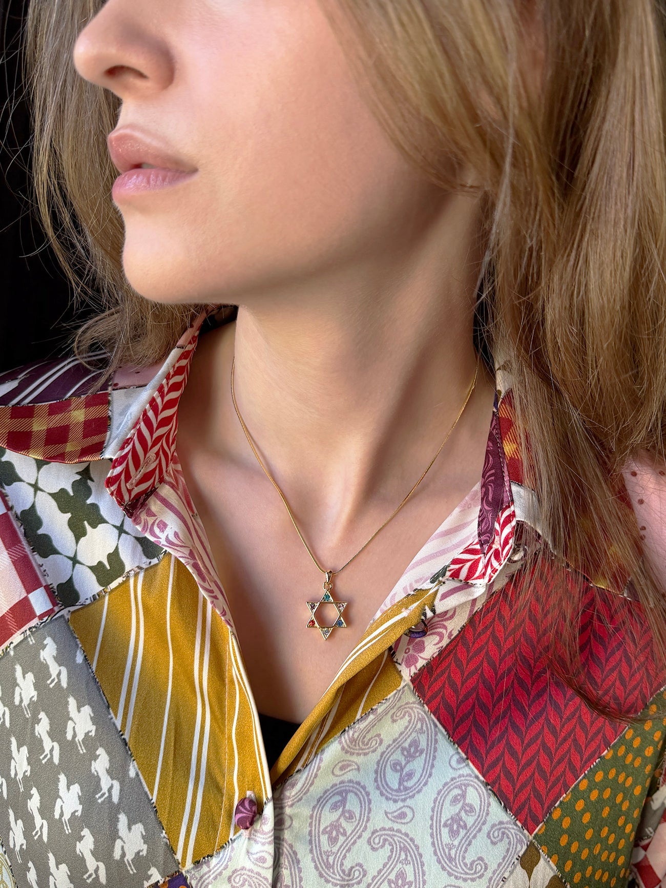 Necklace - Magen David, Colourful Stones - Goldtone