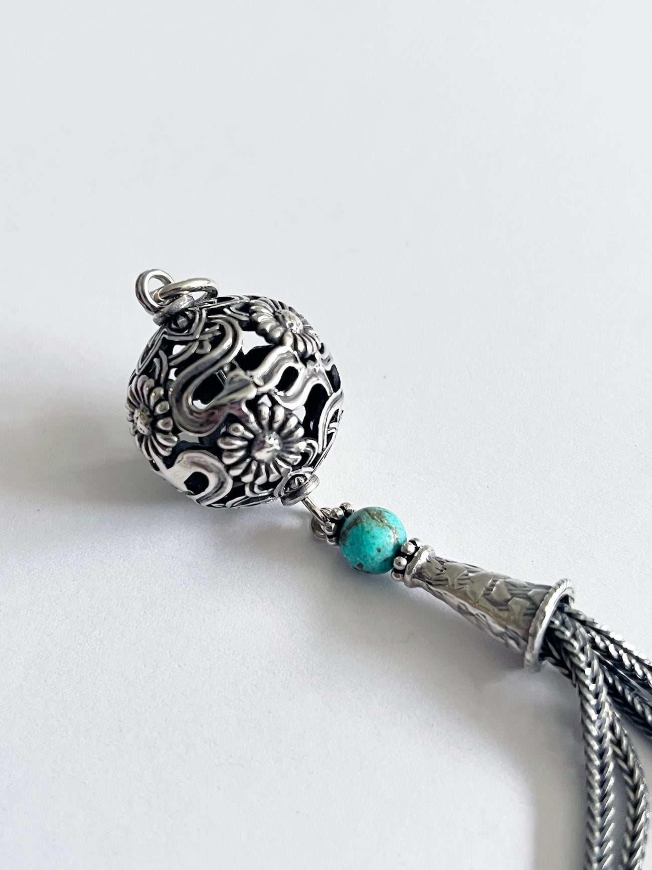 Pendant - Silver Tassel with filigree ball and turquoise