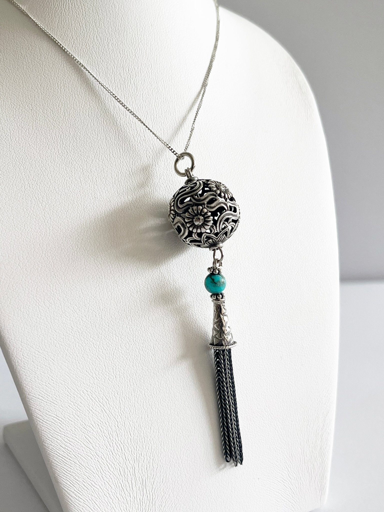 Pendant - Silver Tassel with filigree ball and turquoise